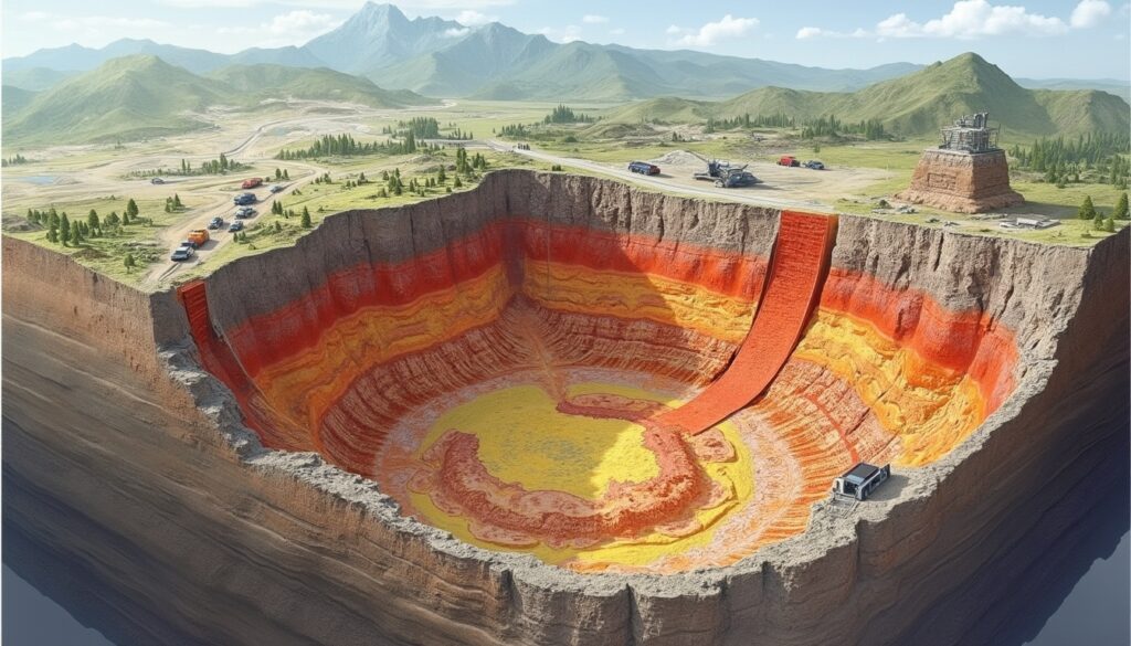 Colorful layers of a giant man-made crater with cars and machinery nearby, set in a mountainous area.