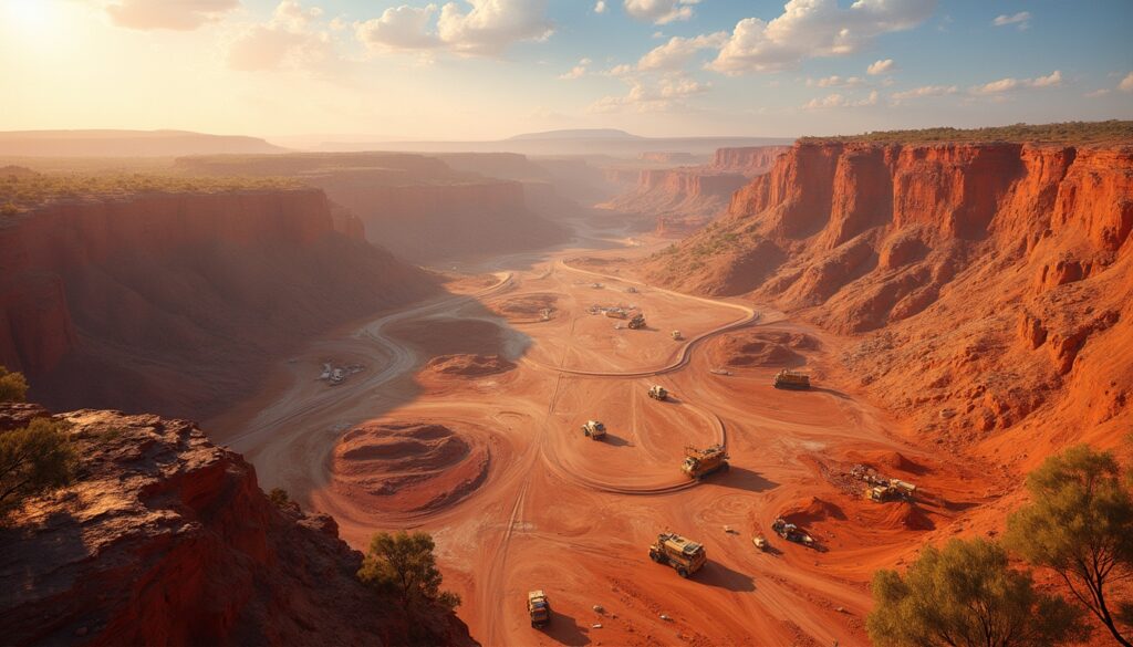 Sunlit red canyon with construction vehicles on a winding dirt path.