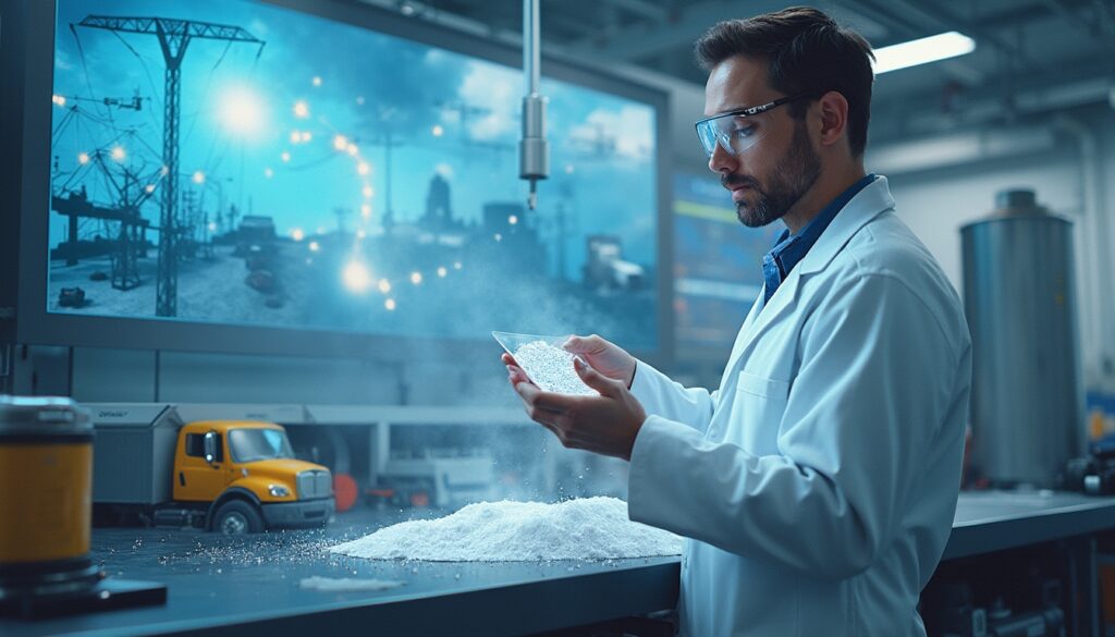 Scientist analyzing materials in a lab with industrial equipment and a city image in the background.