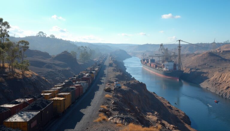 Cargo train and ship alongside a waterway in a mountainous landscape under a clear blue sky.