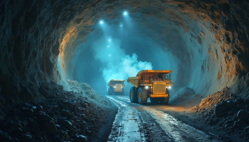 Two large dump trucks in an illuminated underground tunnel, with blue light and dust in the background.