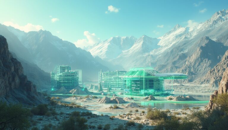 Futuristic glass structures in a mountain valley, surrounded by snow-capped peaks and a clear sky.