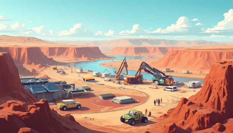 Desert construction site with river, cranes, trucks, and people under a bright blue sky.