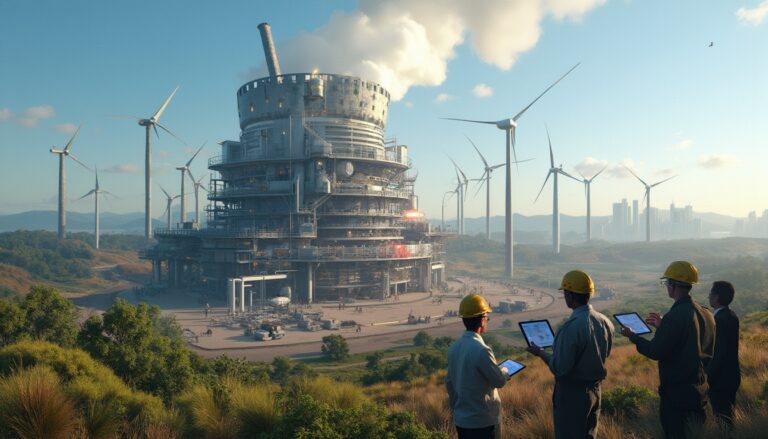 Engineers oversee a futuristic industrial site surrounded by wind turbines in a lush landscape.