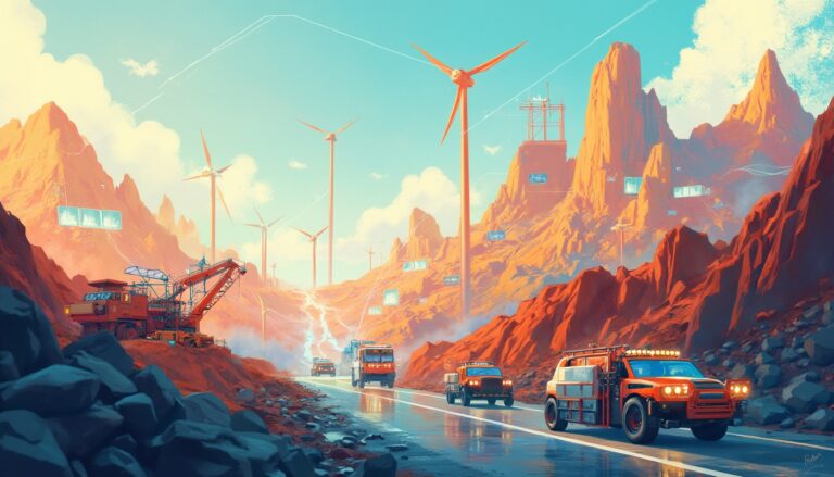 Futuristic vehicles and wind turbines in a rocky, vibrant landscape with blue sky.