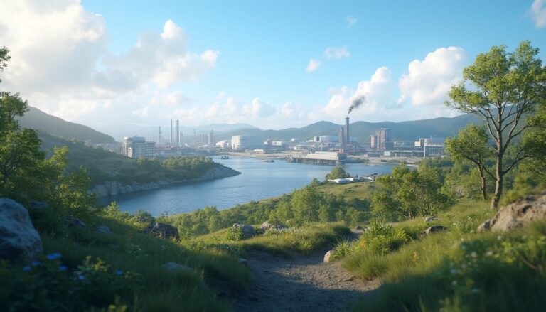 Scenic landscape with a lush foreground, river, and industrial city under a bright blue sky.