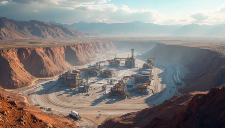 Aerial view of a mining operation in a desert canyon with machinery and rugged mountains.