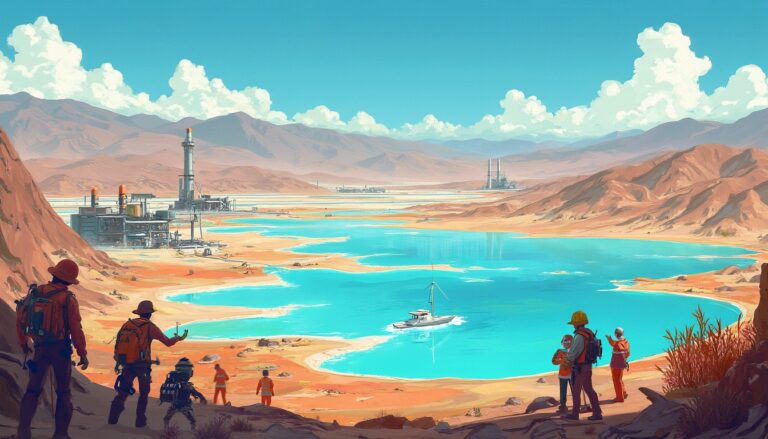 People exploring a desert lake with industrial structures and mountains in the background.