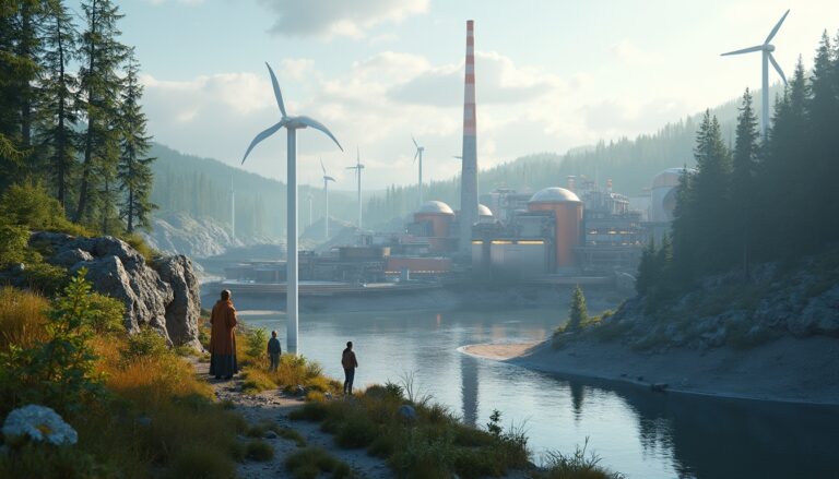 Two people walking by a river with wind turbines and an industrial plant in the background.