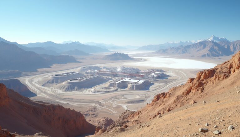 Desert landscape with industrial plant, river, and workers wearing helmets walking nearby.