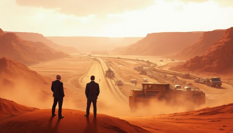 Two men in suits overlook a vast desert construction site with machinery and winding roads.