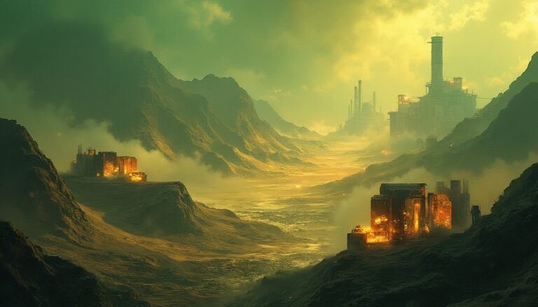 Futuristic industrial landscape with glowing factories nestled between mountains under a green sky.