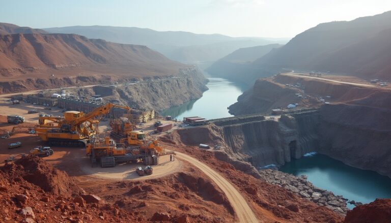 Mining site in a desert landscape, with large machinery and a river cutting through dusty red terrain.