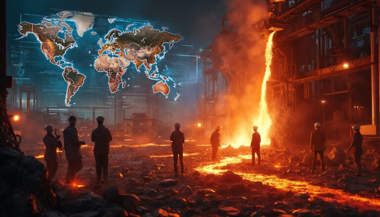 People observing molten metal in a factory with a futuristic world map display.