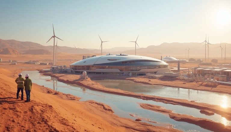 Futuristic desert facility with wind turbines and two people observing the scene.