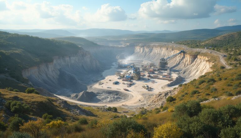 Quarry with heavy machinery in a vast, open pit surrounded by lush green hills and cloudy sky.