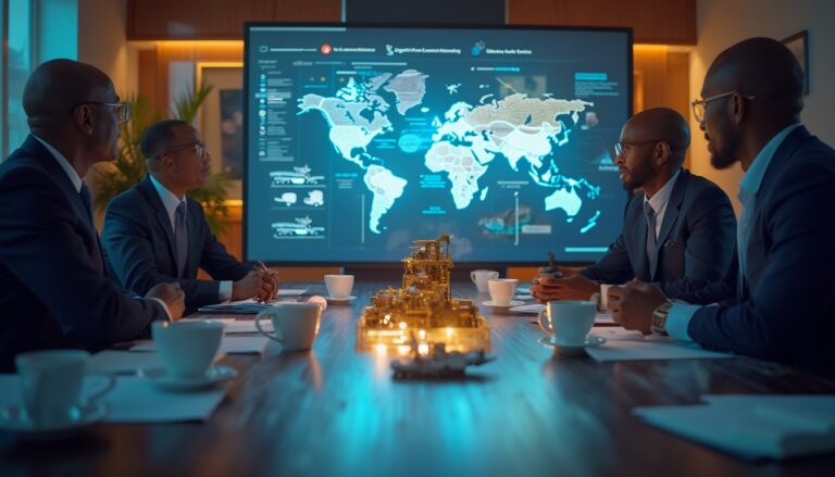 Four people in a meeting room discussing a world map on a large screen.