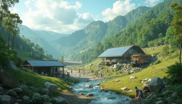 Mountain village with solar panels, a stream, and people walking under a clear blue sky.