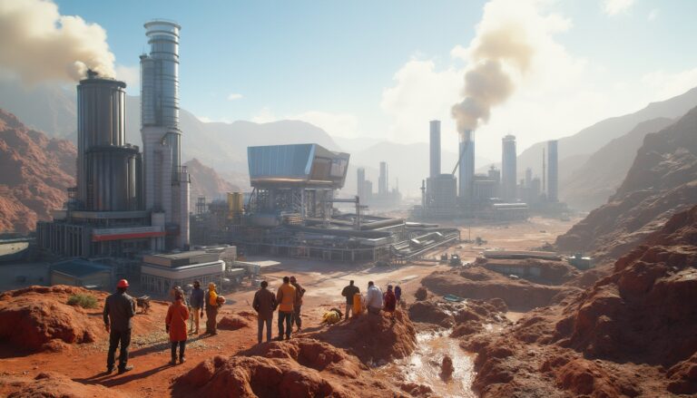 People observing an industrial complex in a red desert landscape with smoke rising from chimneys.