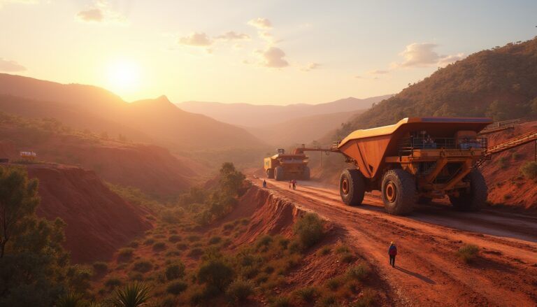 Large mining trucks on a dirt road at sunset, surrounded by a mountainous landscape.