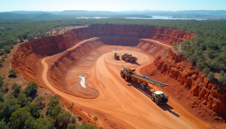 Open-pit mine with red soil, large machinery, surrounded by green forest, and distant mountains.