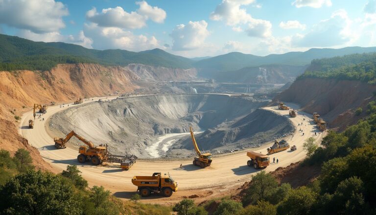 Large open-pit mine with trucks and excavators under a partly cloudy sky.