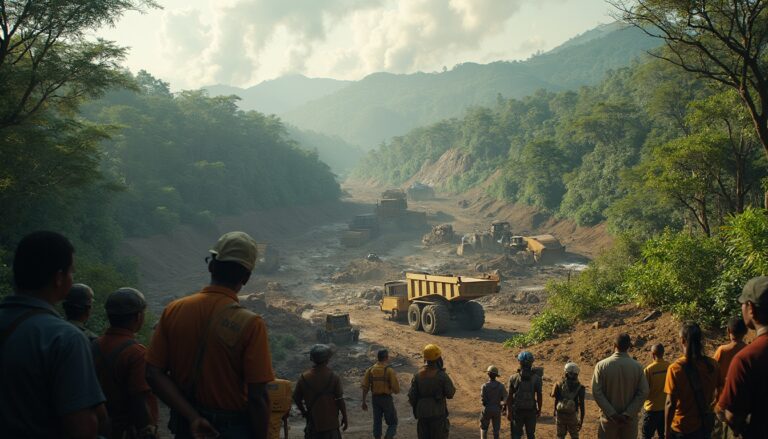 Construction workers watch heavy machinery in a forested valley.