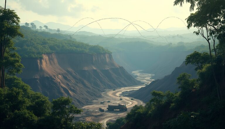 Lush green canyon landscape with winding river and trucks, mountains in the background.