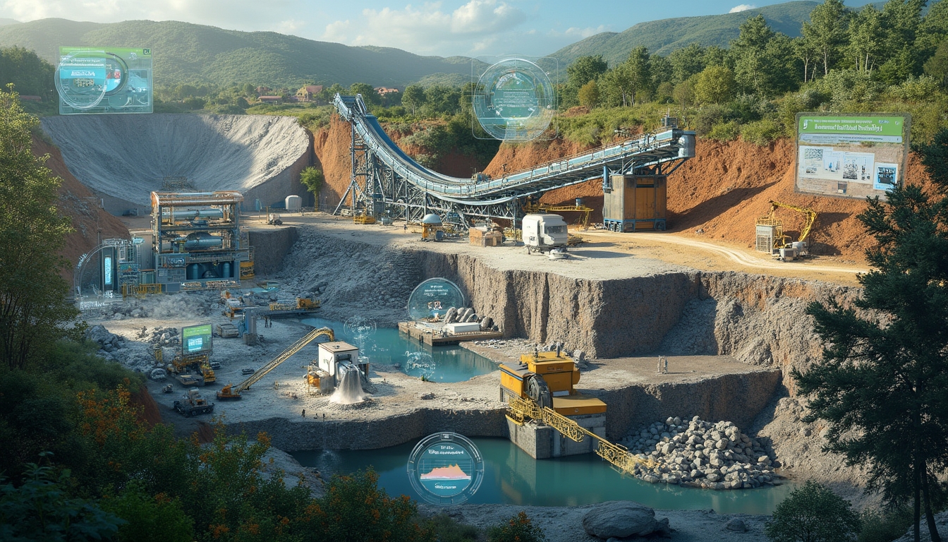 Futuristic quarry with advanced machinery, screens, conveyor belts, and greenery surrounding the site.