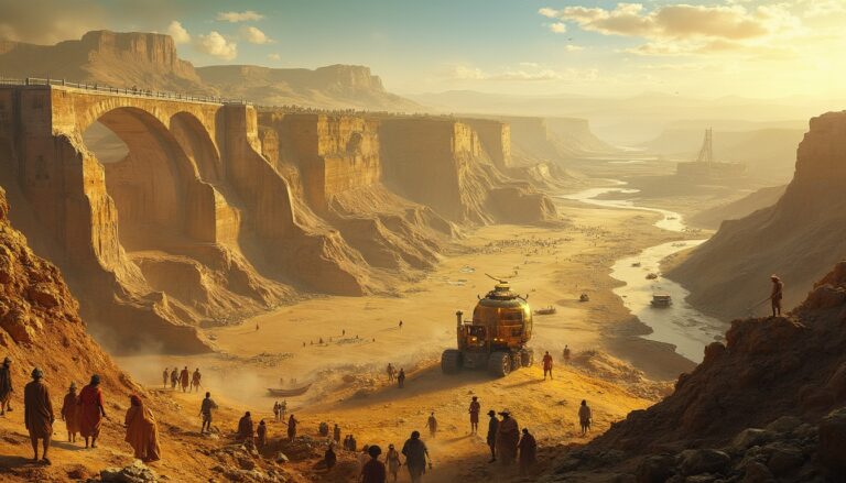 A futuristic vehicle and people in a vast, sunlit canyon with a river and ancient bridge.