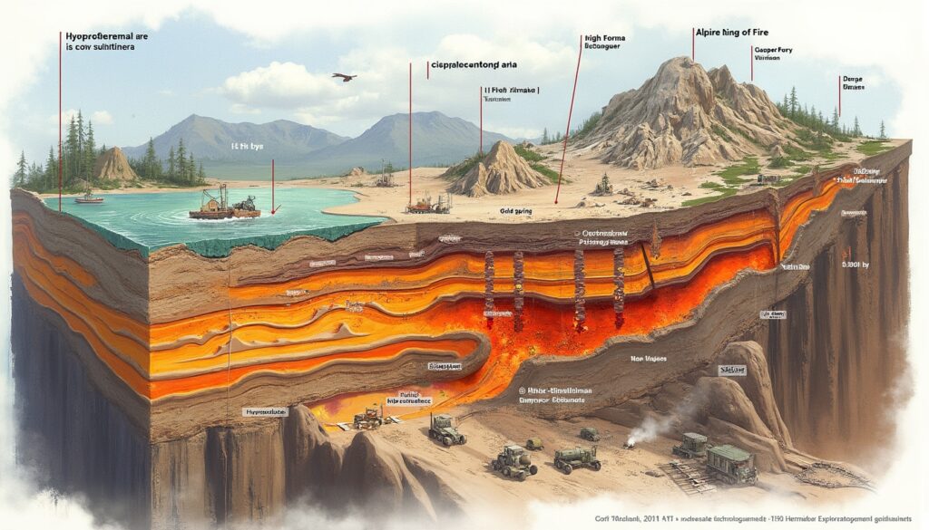 A cutaway diagram of Earth's layers, showing geological formations and volcanic features.