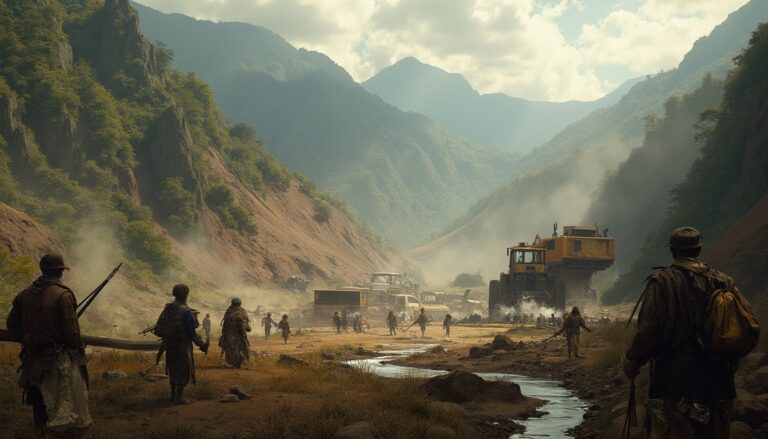 People and machinery in a misty valley with towering green hills and cloudy skies.