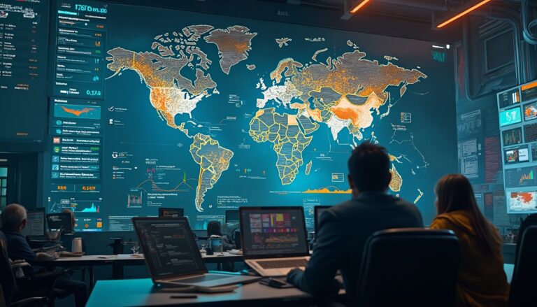 People analyzing data on laptops in a control room with a large world map screen displaying analytics.