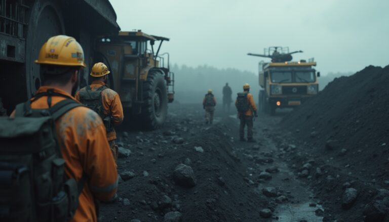 Workers in hard hats walk near heavy machinery at a foggy construction site.