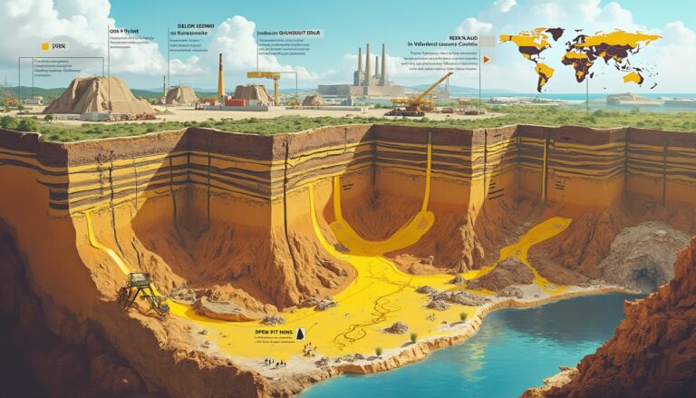 Illustration of an open pit mine with labeled sections and a global map inset.