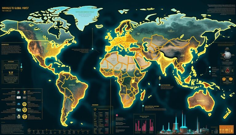 World map highlighting global energy production regions with detailed infographics and statistics.