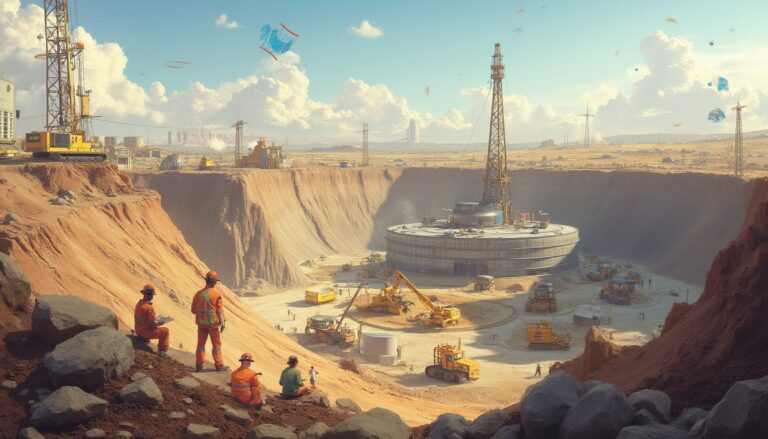 Construction workers observe a large pit with machinery and a cylindrical structure at its center.