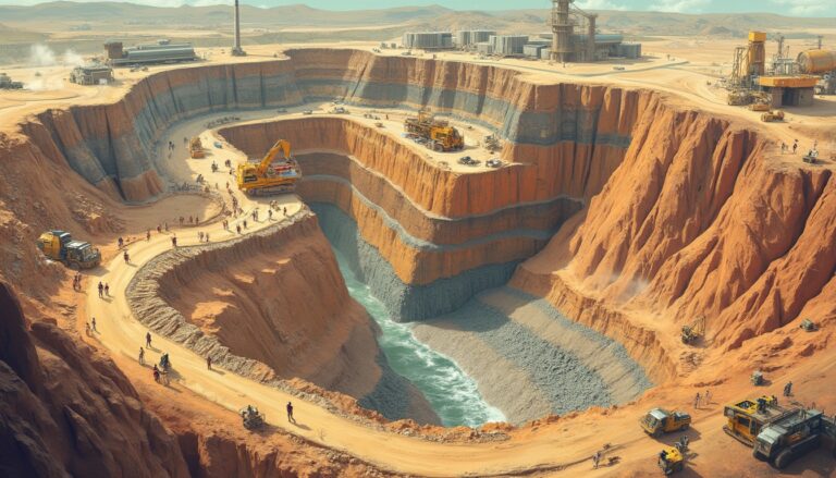 Massive open pit mine with terraces, heavy machinery, and people working amidst the rugged landscape.