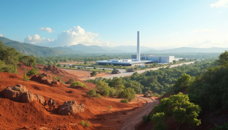 Modern factory surrounded by red soil, lush greenery, and distant mountains under a clear sky.