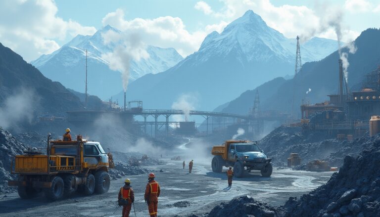 Mountainous mining scene with trucks, workers, smoke, and snowy peaks in the background.