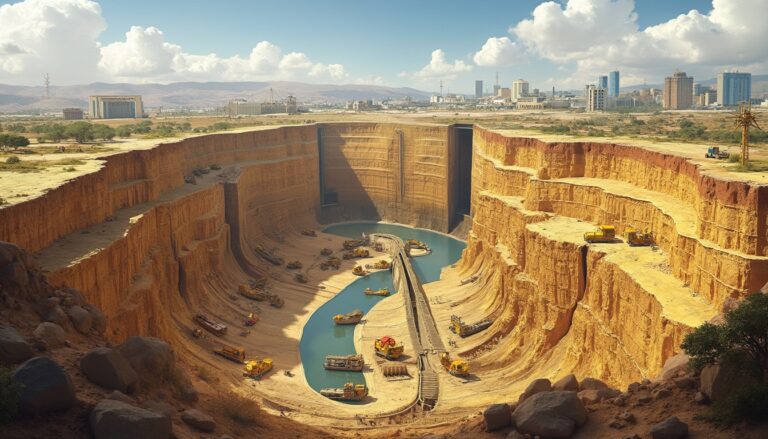 Massive canyon construction with machinery and a river, cityscape in the background under blue skies.