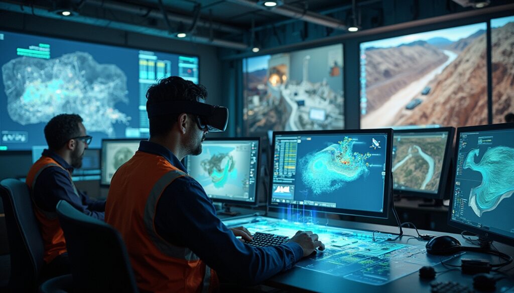 People using virtual reality and computers in a high-tech control room.