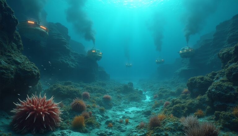 Underwater scene with domed submarines emitting smoke, surrounded by coral and sea anemones.