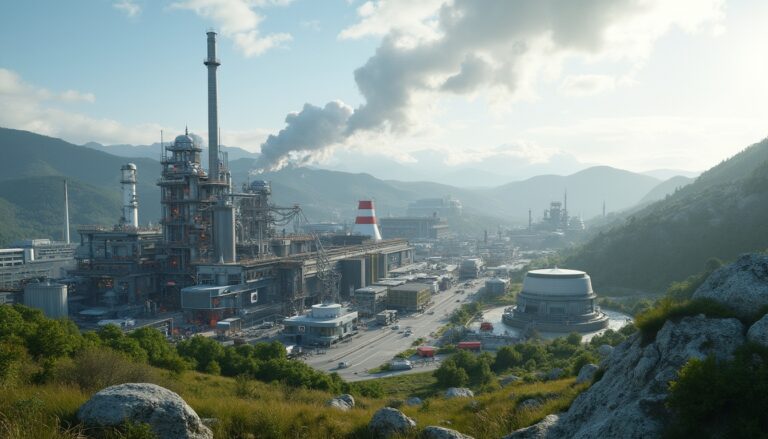 Industrial factory complex nestled in a green valley with smoke stacks under a bright sky.