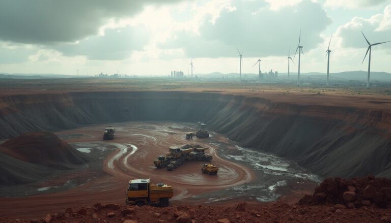 Trucks in a vast open pit mine under cloudy skies, with wind turbines and a distant city skyline.