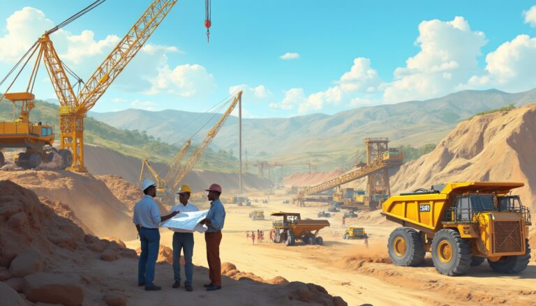 Engineers with blueprints at a construction site with cranes, trucks, and mountains in the background.