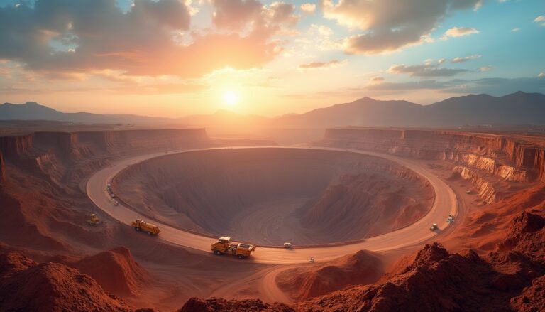 Aerial view of a large open-pit mine at sunrise with trucks on the winding path.