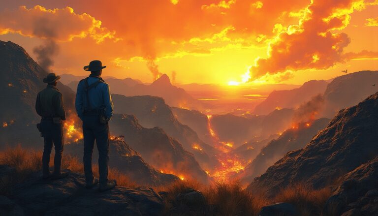 Two people overlook a fiery valley at sunset, with smoke rising and orange skies above rugged terrain.