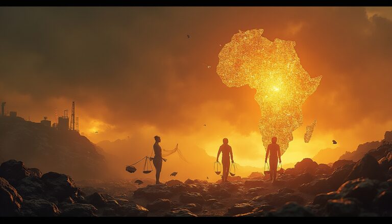 Silhouetted figures near burning Africa-shaped structure against fiery sky, industrial area in distance.