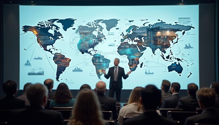 Presenter discussing a world map with an audience at a conference.